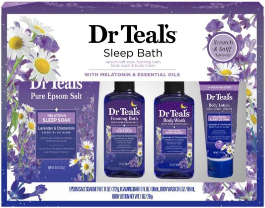 Melatonin Sleep Soak Lavender & Chamomile Epsom Salt 11oz, Foaming Bath 3oz, Body Wash 3oz, Body Lotion 1oz, Gift Set