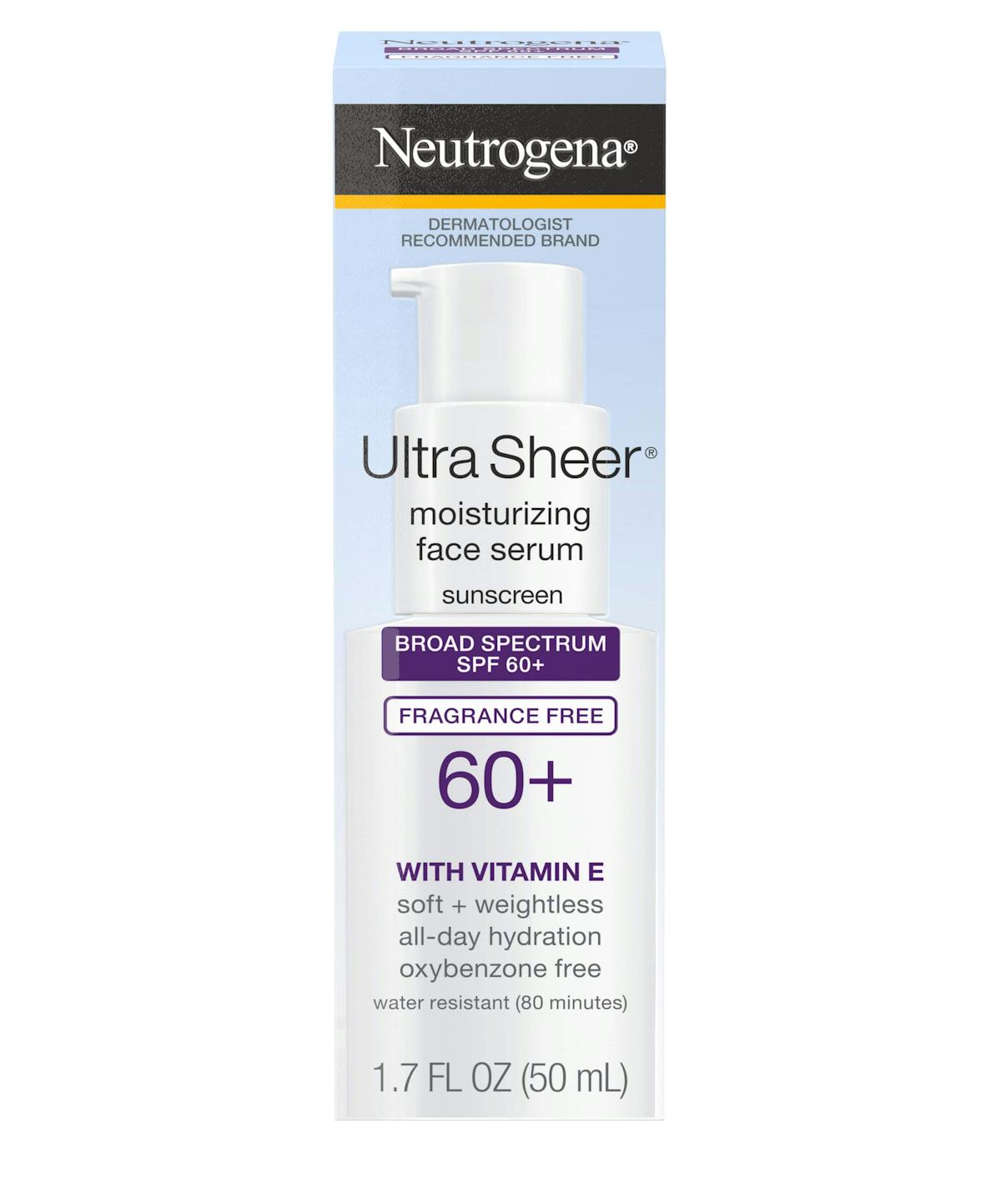 Moisturize and defend your skin with our SPF 60+ Hydrating Face Serum. Formulated with vitamin E, our powerful sunscreen serum is water-resistant for up to 80 minutes and delivers weightless all-day hydration and protection against UVA and UVB rays. Plus, this fragrance-free, non-comedogenic formula goes on sheer, leaving skin feeling soft, smooth and makeup ready.