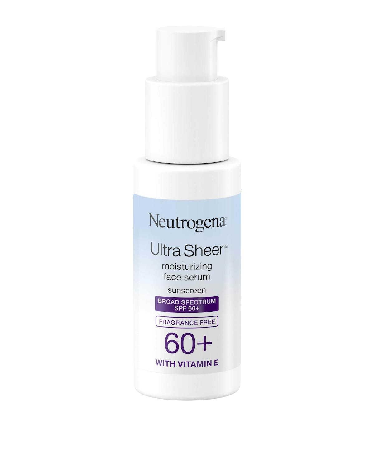 Ultra Sheer® Moisturizing Face Serum with Vitamin E SPF 60+ Moisturize and defend your skin with our SPF 60+ Hydrating Face Serum. Formulated with vitamin E, our powerful sunscreen serum is water-resistant for up to 80 minutes and delivers weightless all-day hydration and protection against UVA and UVB rays. Plus, this fragrance-free, non-comedogenic formula goes on sheer, leaving skin feeling soft, smooth and makeup ready.