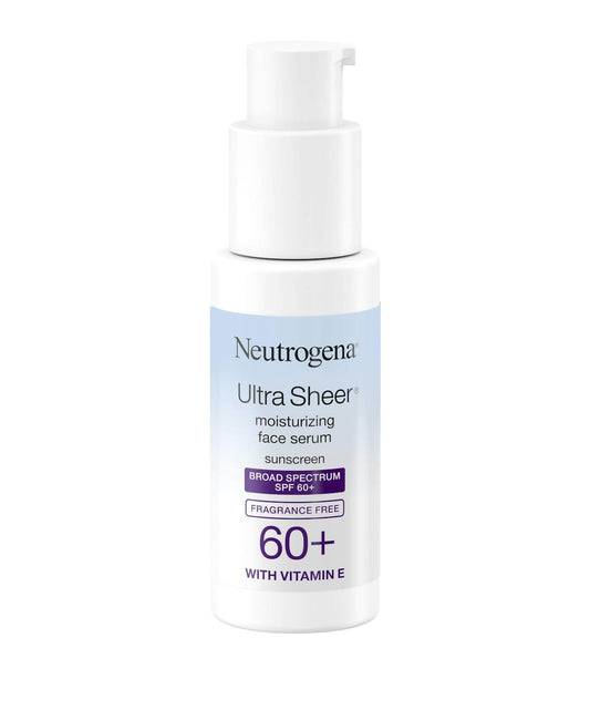 Ultra Sheer® Moisturizing Face Serum with Vitamin E SPF 60+ Moisturize and defend your skin with our SPF 60+ Hydrating Face Serum. Formulated with vitamin E, our powerful sunscreen serum is water-resistant for up to 80 minutes and delivers weightless all-day hydration and protection against UVA and UVB rays. Plus, this fragrance-free, non-comedogenic formula goes on sheer, leaving skin feeling soft, smooth and makeup ready.