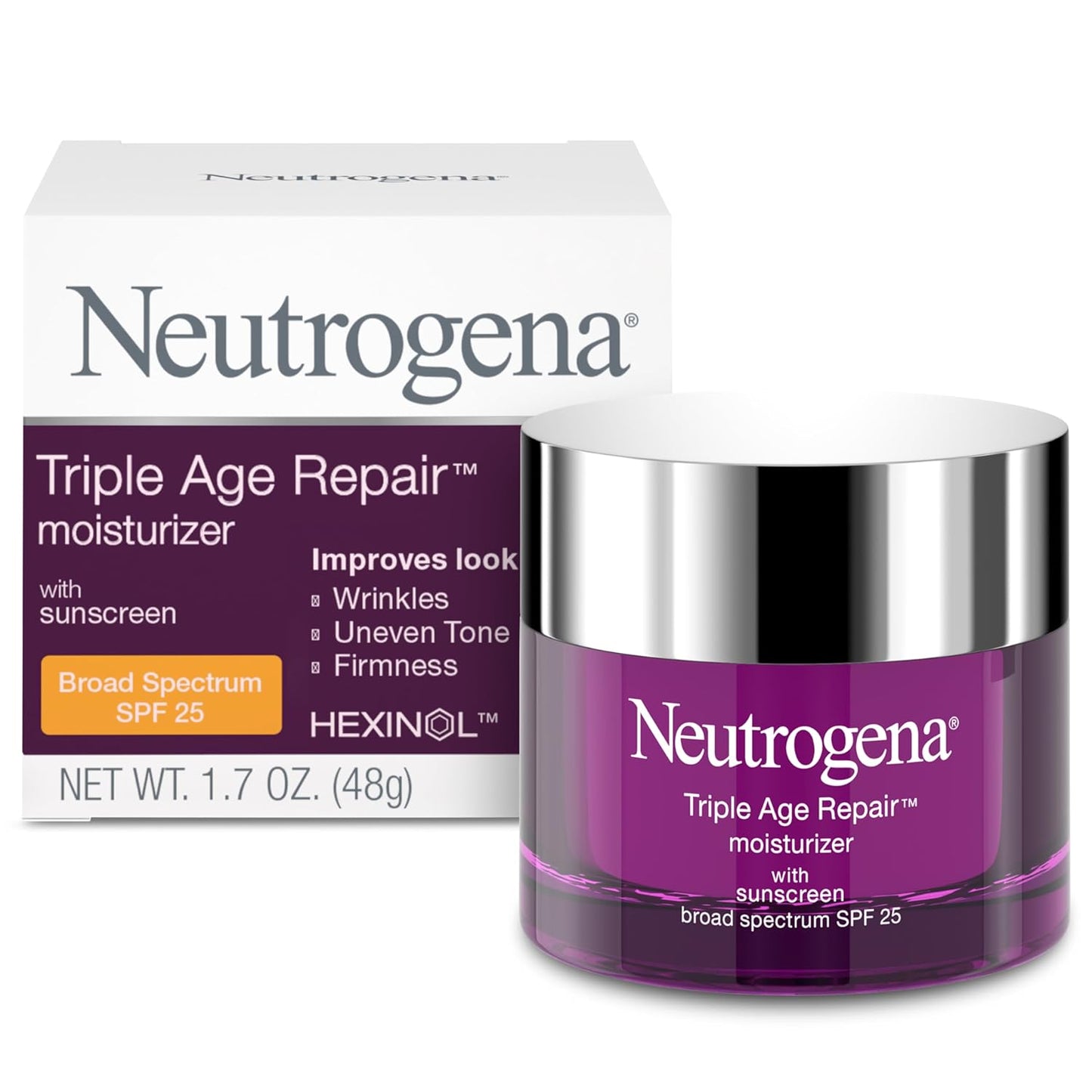 Neutrogena Triple Age Repair Daily Facial Moisturizer Cream with SPF 25 Sunscreen to tackle wrinkles, uneven tone and loss of skin resilience. Our anti-aging face moisturizer targets the three skin issues that age you the most for a difference you can see in just four weeks. Made with vitamin C, shea butter and glycerin, this daily anti-wrinkle cream features Hexinol technology and is clinically proven to help smooth the look of wrinkles, even skin tone, reduce the appearance of dark spots, and visibly firm